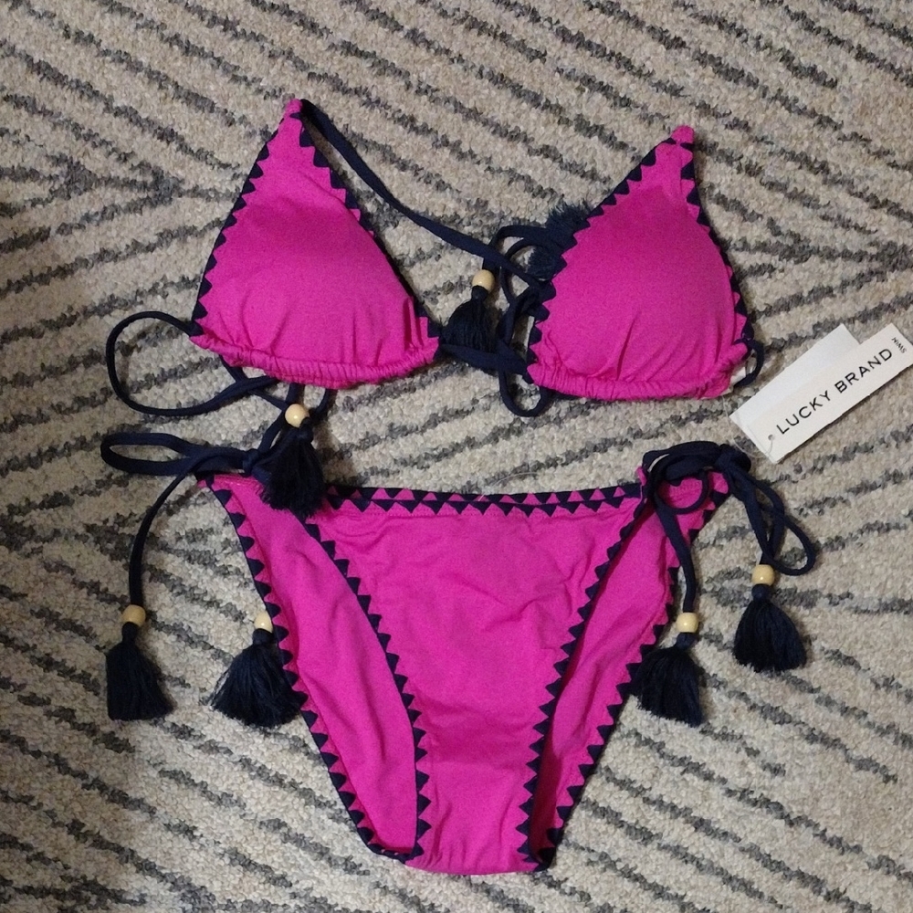 Lucky Brand Fuchsia Pink & Navy Tassel Triangle Bikini